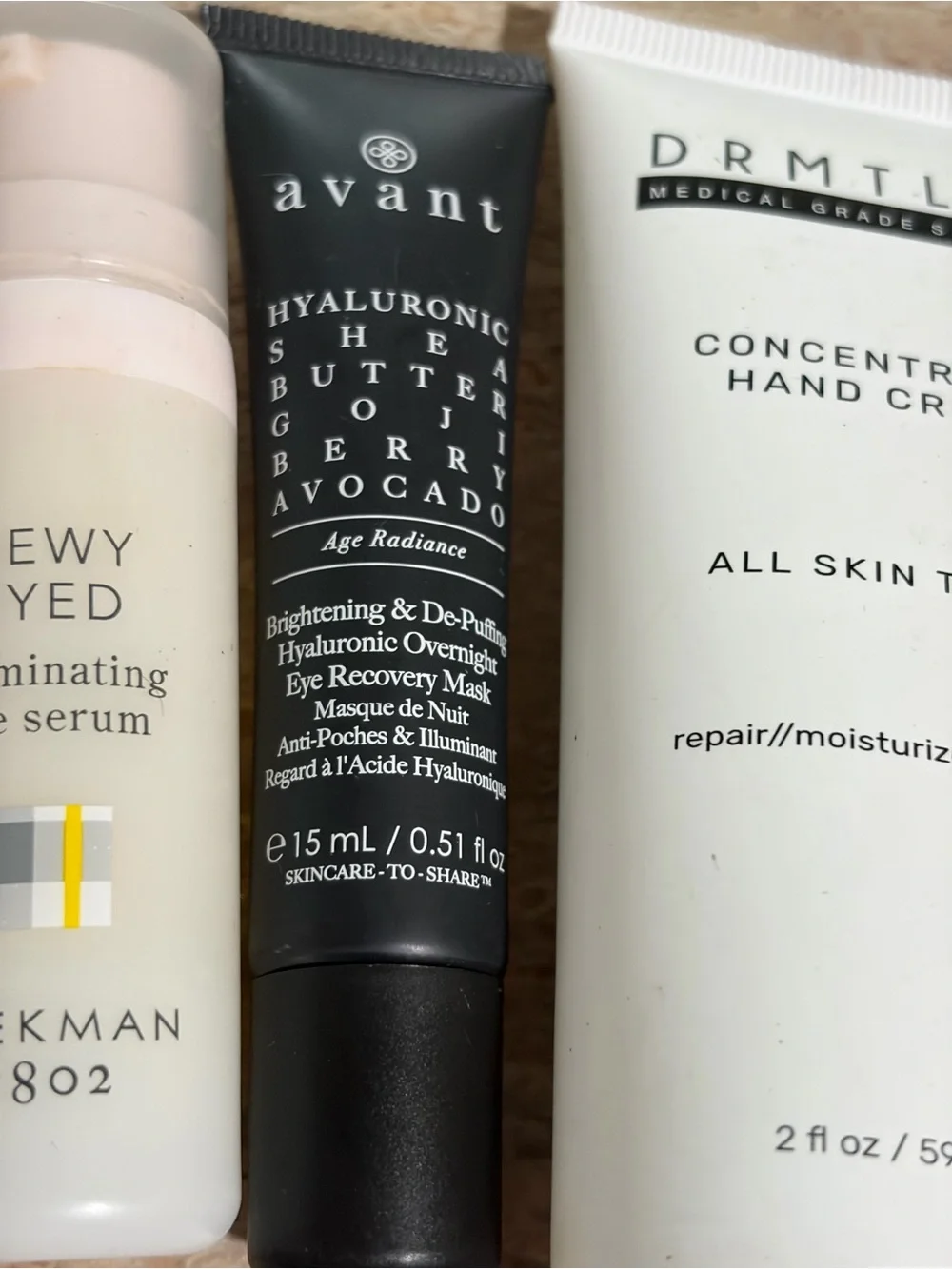 Beekman 1802 Dewy Eyed serum, DRMTLGY Hand Cream, Avant eye recovery mask